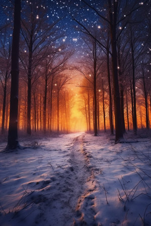 Winter forest at night. Winter landscape with trees covered with snow.の素材
