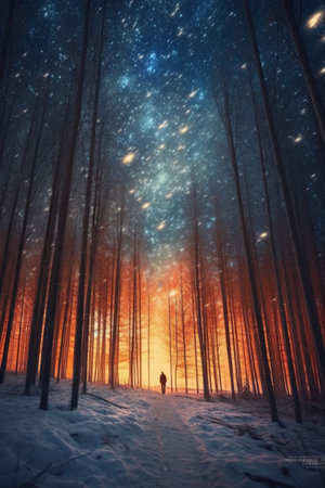 Man in the winter forest at night with snowflakes and starsの素材