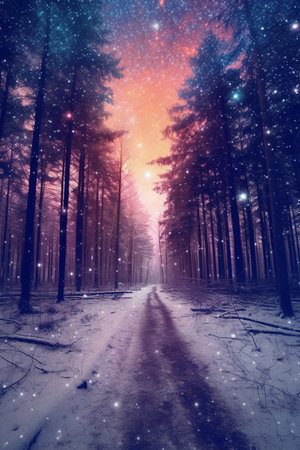 Winter forest at night with snowflakes and starry sky.の素材