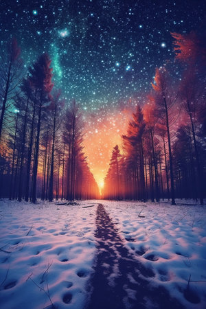Fantasy winter landscape with road in the forest and starry skyの素材