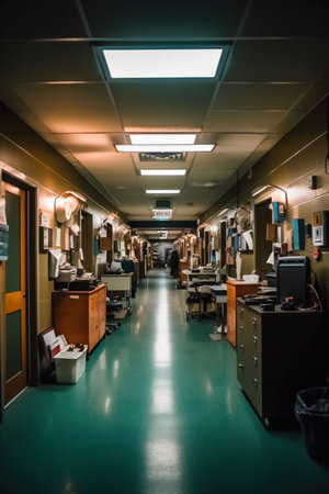 Interior of a hospital corridor with tables and chairs. Nobody insideの素材