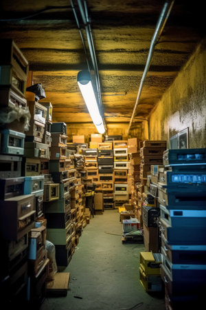 Interior of a warehouse with lots of boxes and shelves for storageの素材