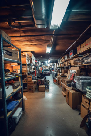 Interior of a warehouse with shelves full of boxes and goods.の素材