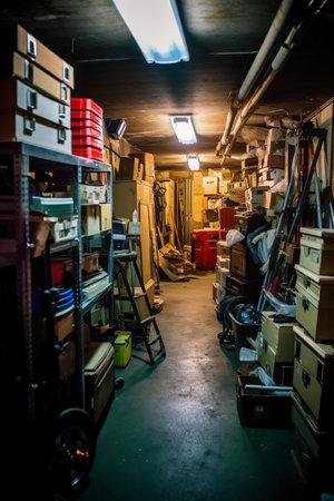 Interior of a warehouse with a lot of boxes and other itemsの素材