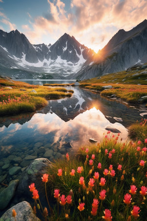 Mountain lake with colorful flowers at sunset. Beautiful natural landscape.の素材