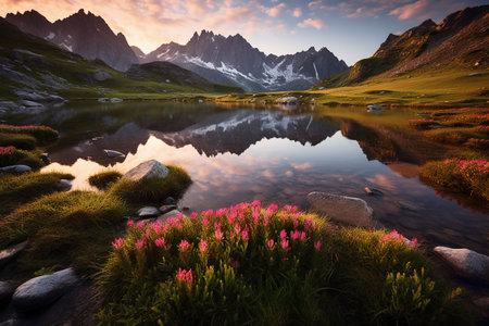 Mountain lake with pink flowers in the foreground. Sunset in the mountainsの素材