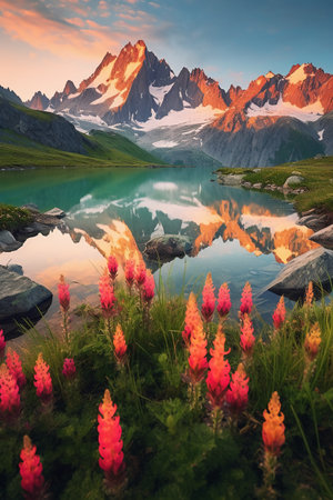Mountain lake with pink flowers and snow-capped peaks in the backgroundの素材