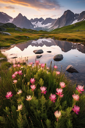 Mountain landscape with lake and pink flowers. Sunset in the mountainsの素材