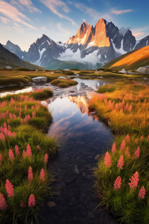 Fantastic alpine meadow with pink lupine flowers in front of Fitz Roy mountain, Los Glaciares National Park, Argentinaの素材