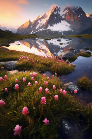 Alpine meadow with pink flowers in front of Matterhorn, Switzerlandの素材