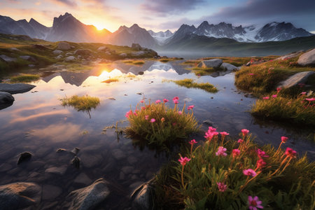 Mountain lake in the mountains at sunset. Colorful summer landscape.の素材