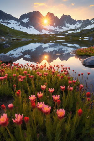 Sunset in the mountains with red flowers and reflection in the waterの素材