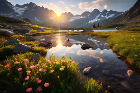 Sunset in the alpine meadow. Lake with pink flowersの素材