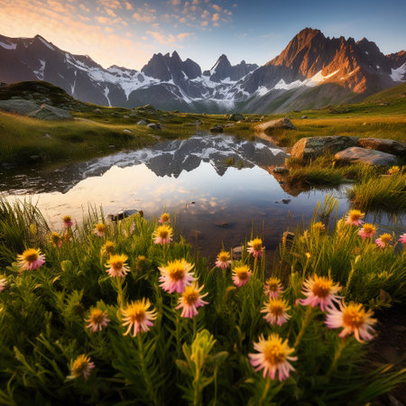 Alpine meadow with flowers and reflection of mountains in the lake.の素材