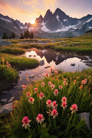 Mountain landscape with alpine meadow and flowers at sunset.の素材