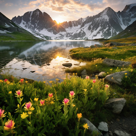 Mountain lake at sunset with flowers in the foreground. Beautiful summer landscape.の素材