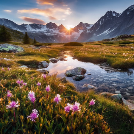Beautiful mountain landscape with alpine meadow and blooming flowers.の素材