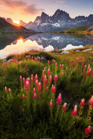 Beautiful landscape with alpine meadow and lake at sunrise.の素材