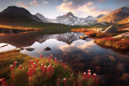 Beautiful alpine lake in the mountains at sunset. Composition of nature.の素材