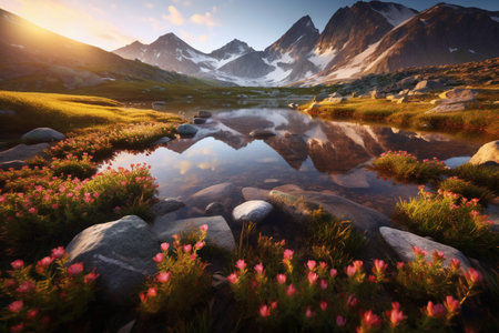 Mountain lake with flowers and reflection of snow-capped mountainsの素材