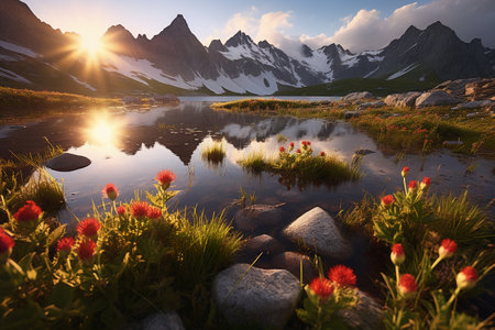 Mountain lake with flowers in the foreground and snow-capped peaks in the backgroundの素材