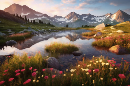 Mountain landscape with flowers and reflection in the water at sunset.の素材