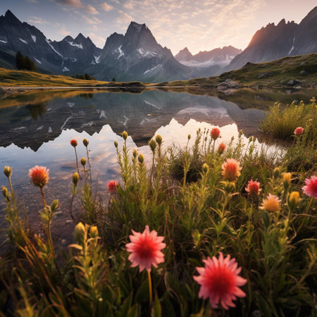 Mountain landscape with flowers and reflection in the water at sunrise.の素材