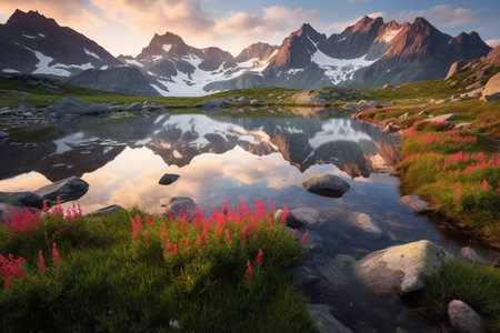 Mountain landscape with alpine meadows and flowers at sunset.の素材
