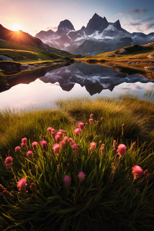 Mountain landscape at sunrise with pink flowers and reflection in water.の素材