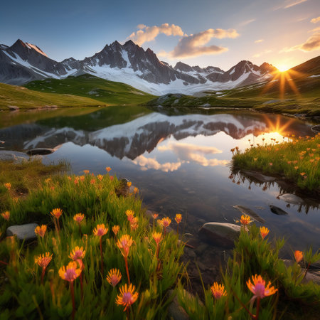 Mountain lake in the high mountains at sunset. Colorful spring landscape.の素材
