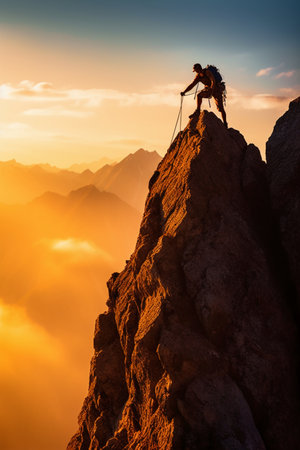 Silhouette of a climber on the top of a mountainの素材