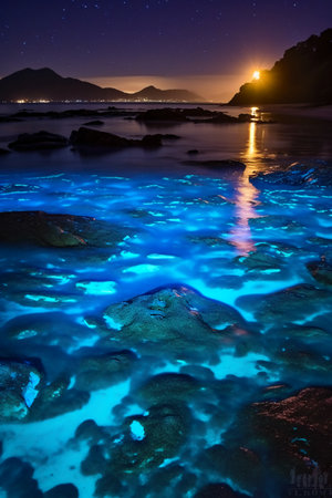 Night view of sea and rock covered with ice in the foreground.の素材