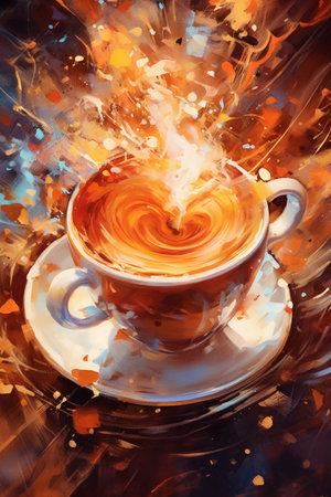 Cup of coffee on abstract watercolor background. acrylic paintingの素材