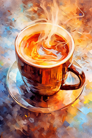 cup of coffee on the background of an abstract image, digital paintingの素材