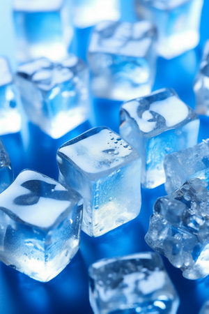 Ice cubes on a blue background. Shallow depth of field.の素材
