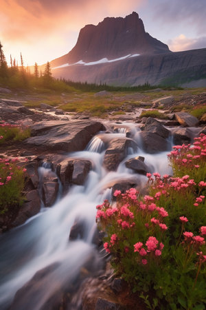 Mount Rainier National Park, Washington, USA. Scenic view of the waterfall at sunset.の素材