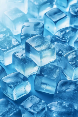 Ice cubes on blue background. Shallow depth of field. Toned.の素材