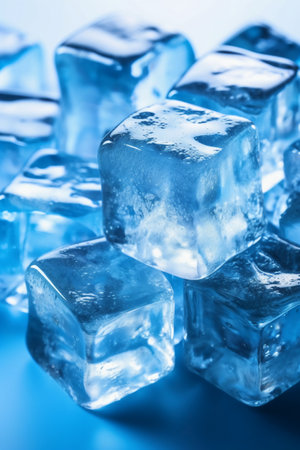 Ice cubes on blue background. Shallow depth of field. Toned.の素材