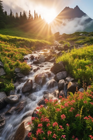Mountain stream in high mountains at sunrise. Beautiful summer landscape.の素材
