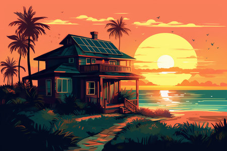 House on the seashore at sunset. Vector cartoon illustration.の素材