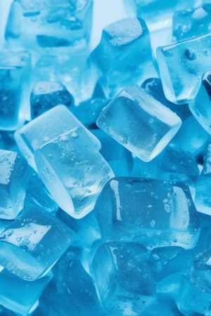 Ice cubes on blue background. Shallow depth of field. Toned.の素材