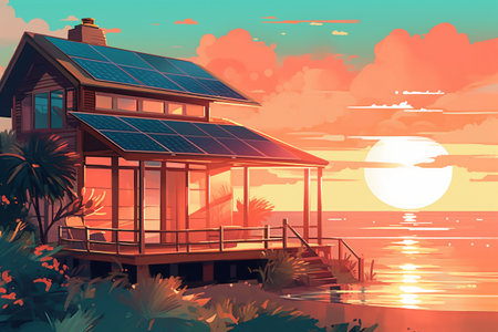 House with solar panels on the roof at sunset. Vector illustration.の素材