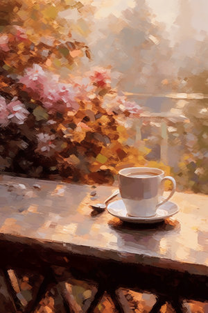 Cup of coffee on the table in cafe. Digital painting.の素材