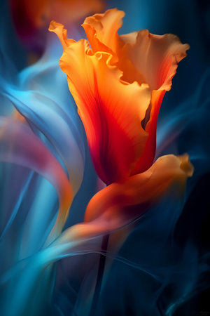 abstract background with orange and blue petals of tulip flowerの素材