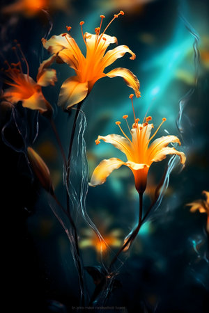 Beautiful orange lily flowers on a dark background. Toned.の素材