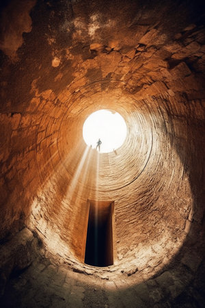 Silhouette of a man climbing through a tunnel at sunset.の素材
