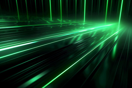 abstract speed motion on a dark background with green lights and raysの素材