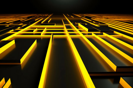 abstract 3d illustration of black and yellow maze with yellow lightの素材