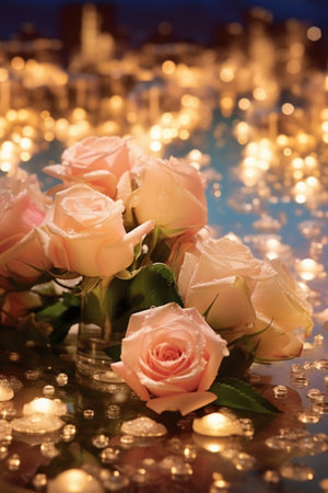 Wedding bouquet of roses and candles on the background of the cityの素材