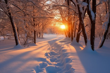 Sunset in the winter forest. Footprints in the snow.の素材
